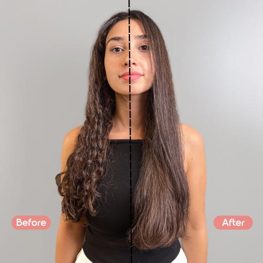 Before and after: curly hair on the left, straightened hair on the right